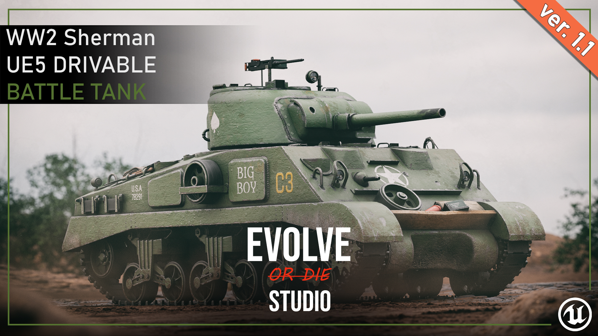 Sherman M4A2 Drivable Battle Tank 3D Model